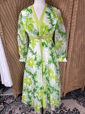 Vintage 1960 Dress green Lime White Floral Sheer Mod Formal Summer